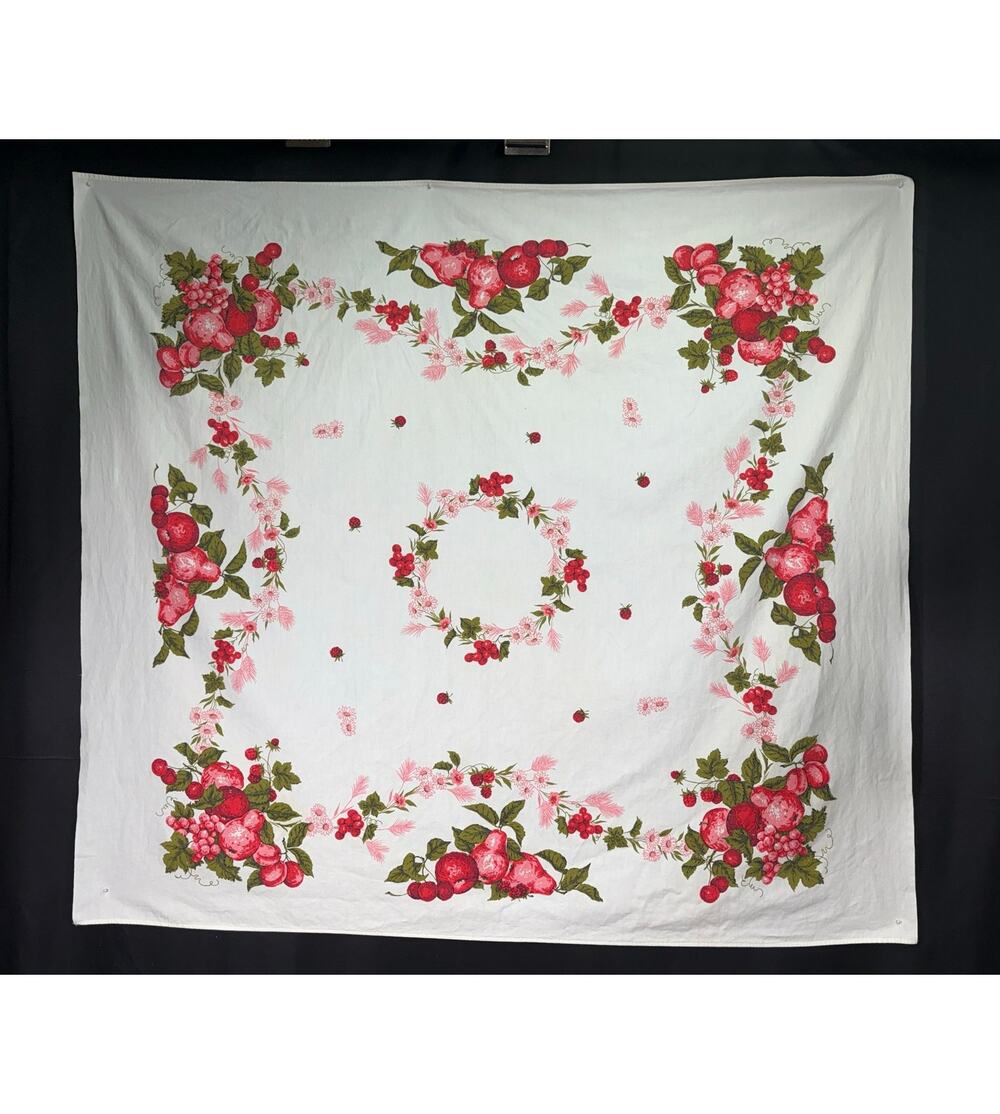 Vintage 50's Tablecloth 100% Cotton Red Green Pink Flowers Fruit Leaves Boarder